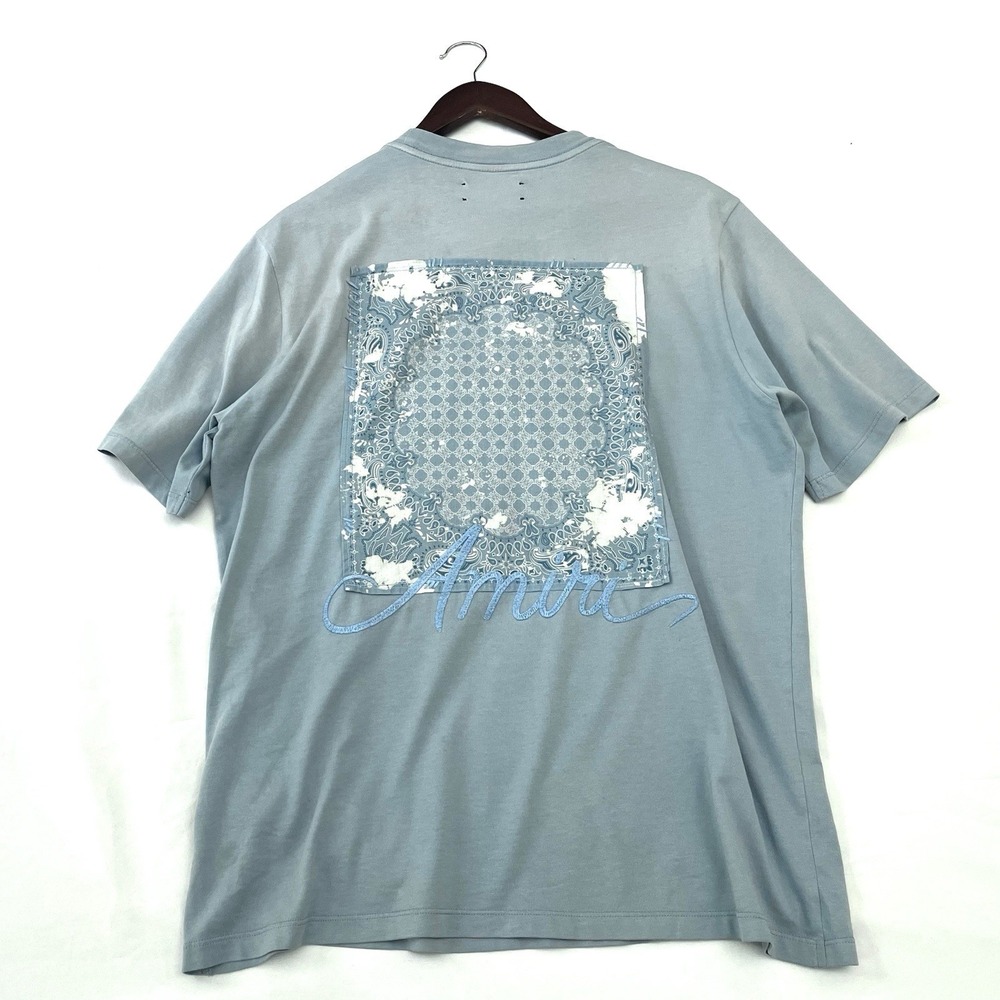 AMIRI Bleached Bandana Patch T-Shirt Medium Blue Embroidered Made in Italy RARE